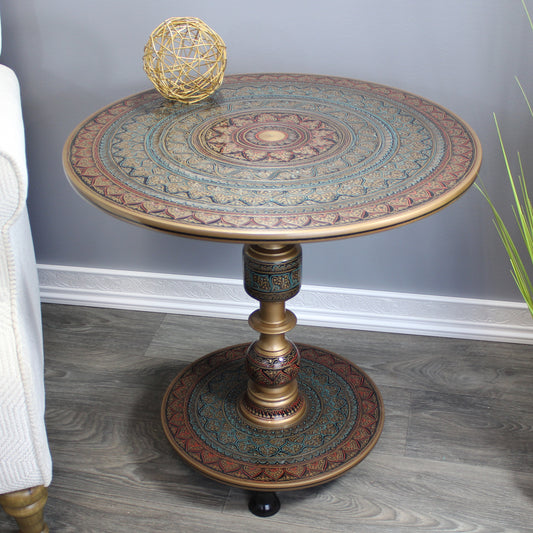 Natural Geo Rosewood Round Wooden 24" Accent Table - Army Green