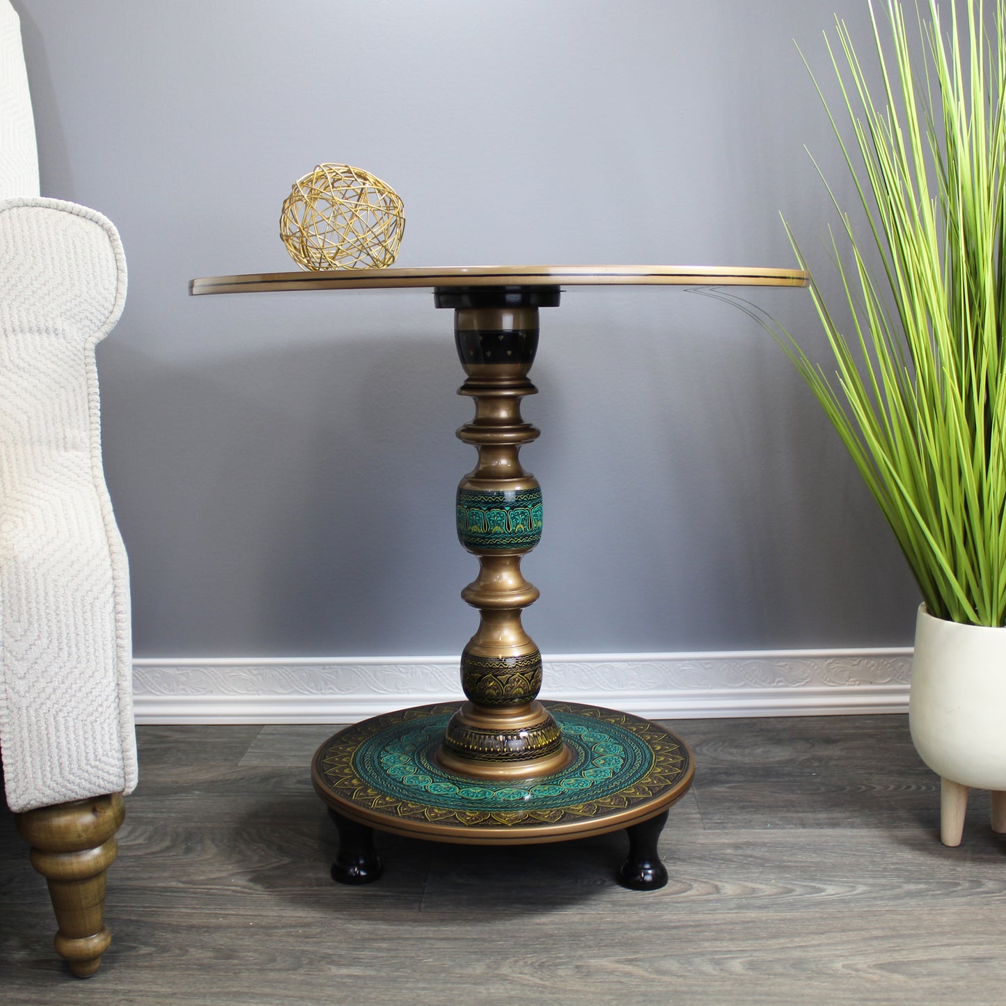 Natural Geo Rosewood Round Wooden 24" Accent Table - Turquoise