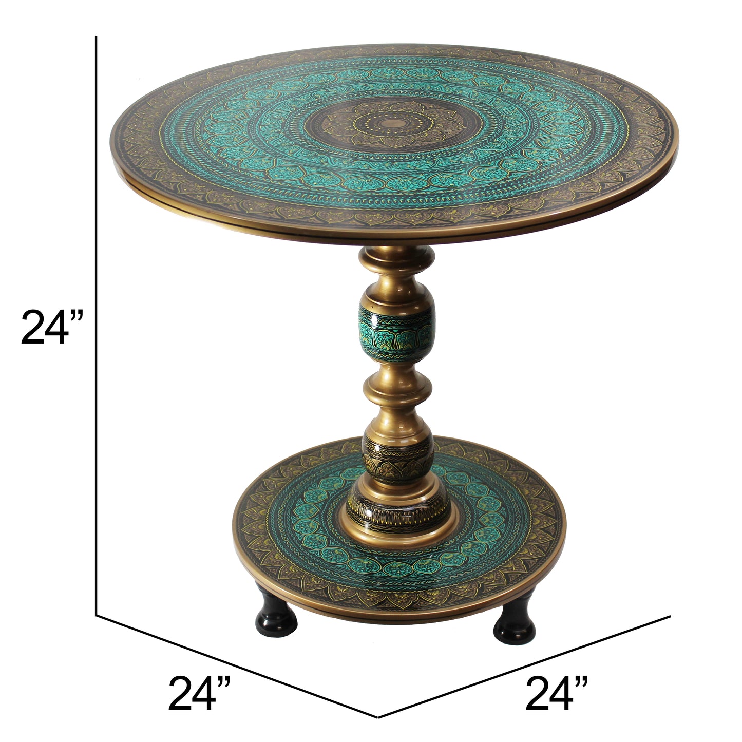 Natural Geo Rosewood Round Wooden 24" Accent Table - Turquoise