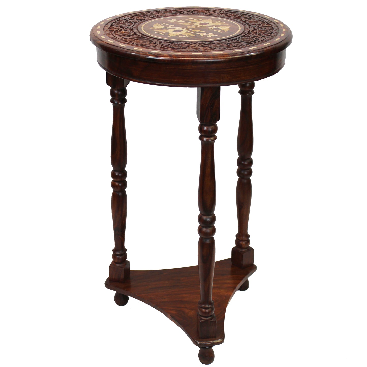 Natural Geo Decorative Rosewood Round Wooden Carved Floral Accent Table