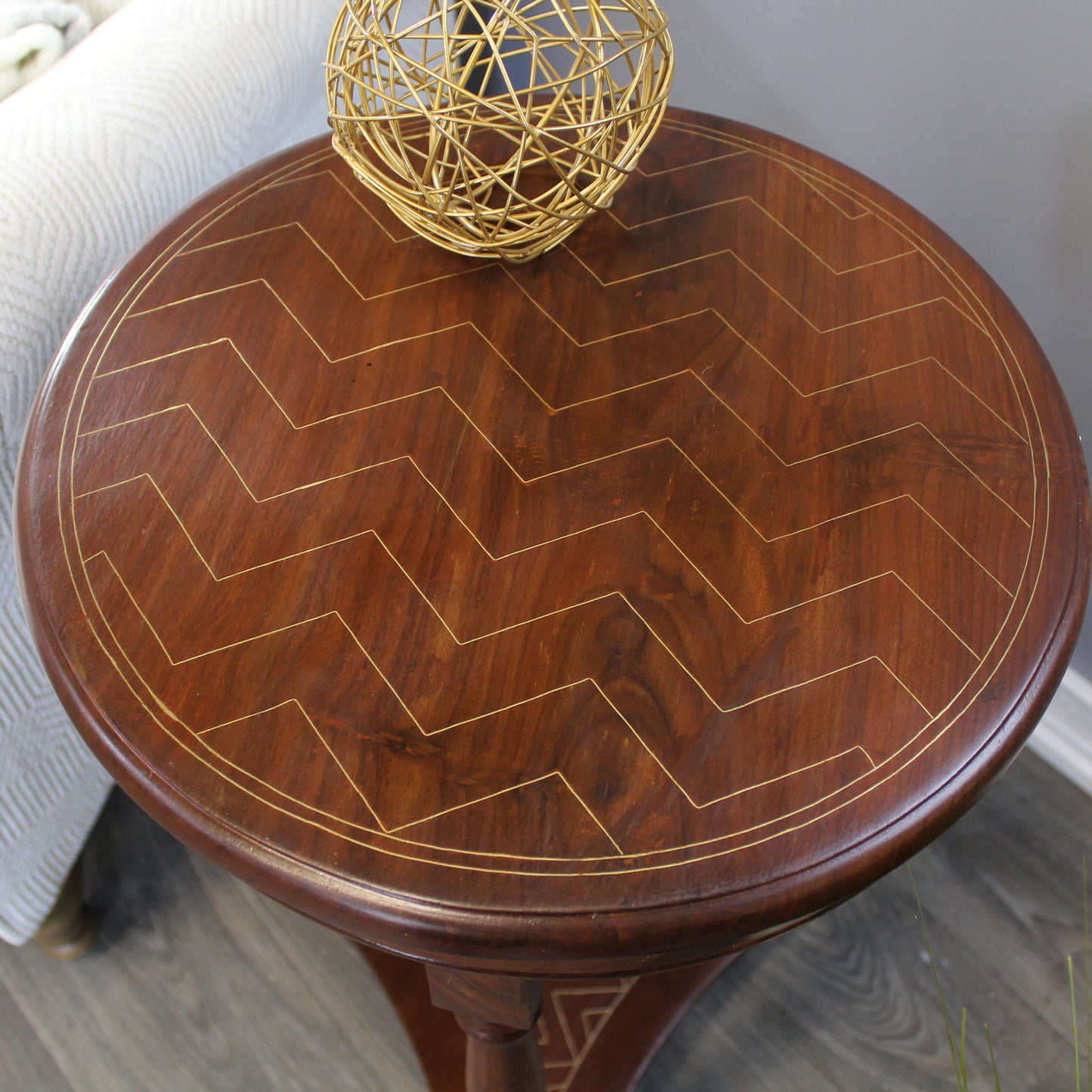 Natural Geo Rosewood Round Wooden Accent Table - Chevron Golden Brass Inlay