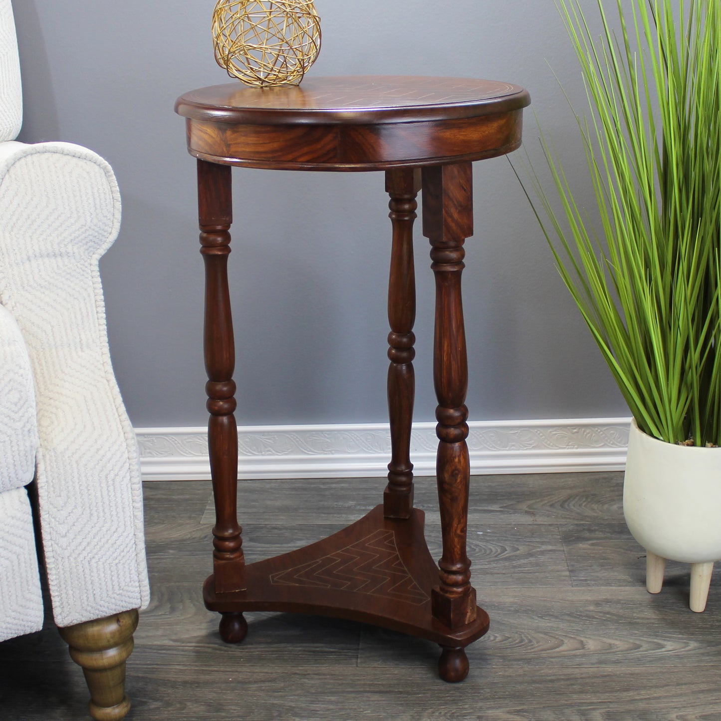 Natural Geo Rosewood Round Wooden Accent Table - Chevron Golden Brass Inlay