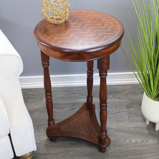 Natural Geo Rosewood Round Wooden Accent Table - Chevron Golden Brass Inlay