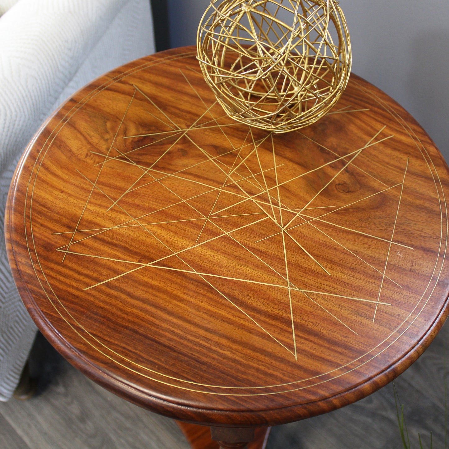 Natural Geo Rosewood Round Wooden Accent Table - Abstract Golden Brass Inlay