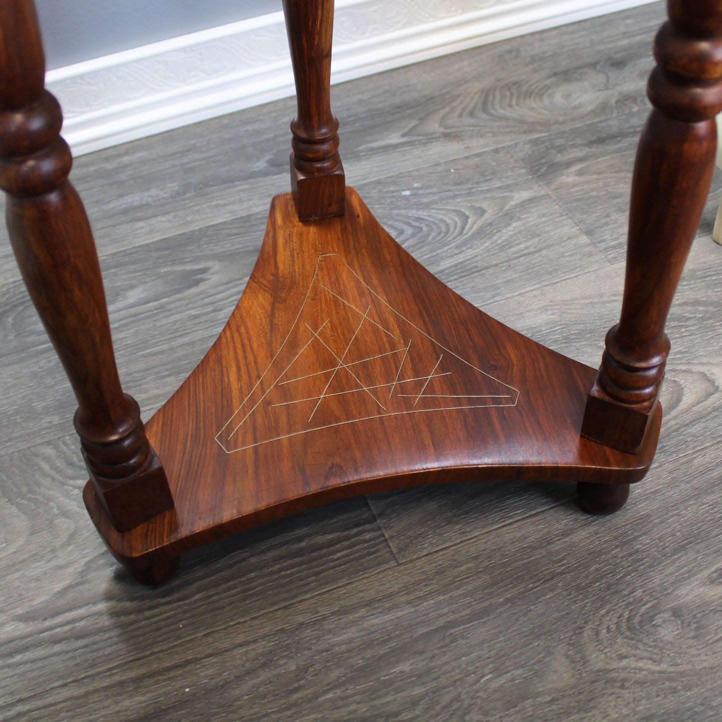 Natural Geo Rosewood Round Wooden Accent Table - Abstract Golden Brass Inlay