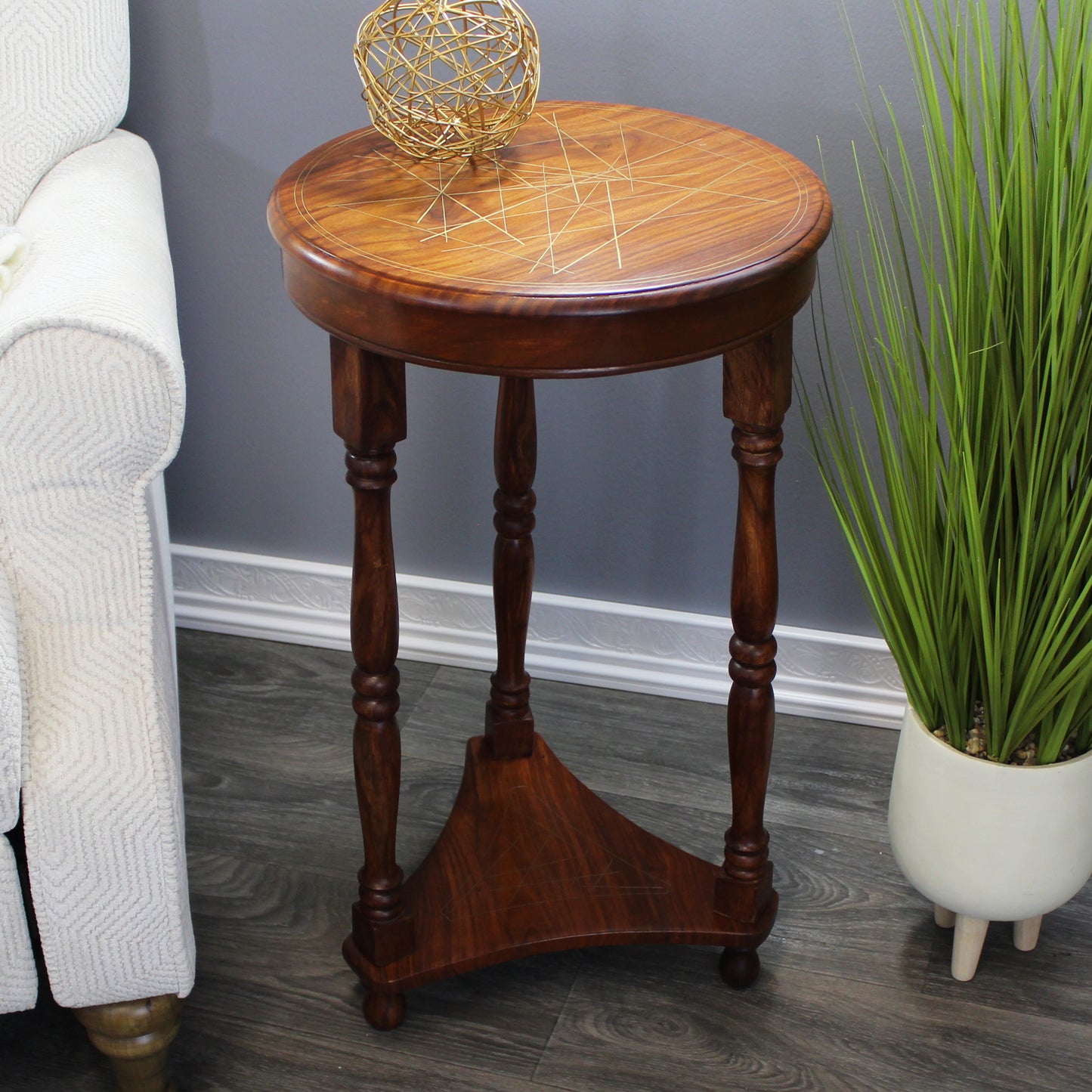 Natural Geo Rosewood Round Wooden Accent Table - Abstract Golden Brass Inlay