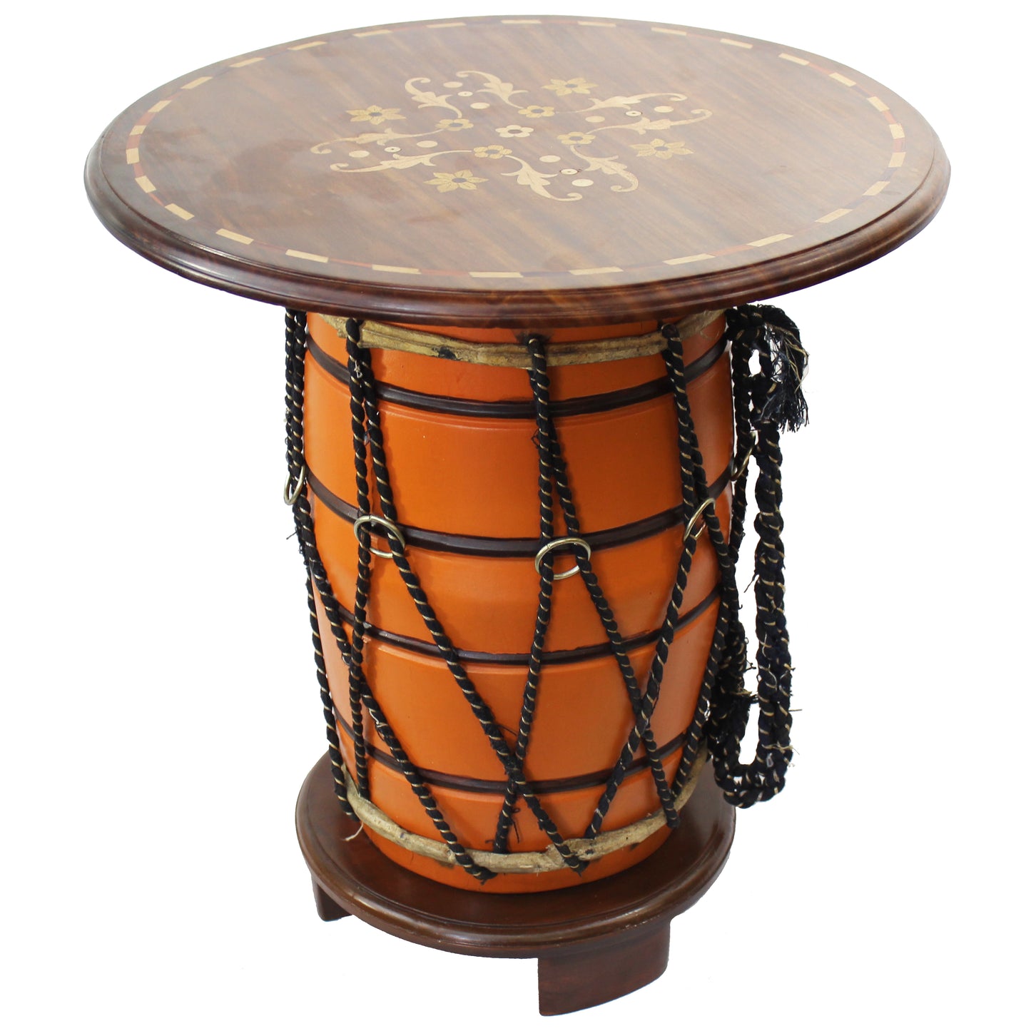 Natural Geo Orange Floral Rosewood 20" Drum Accent Table