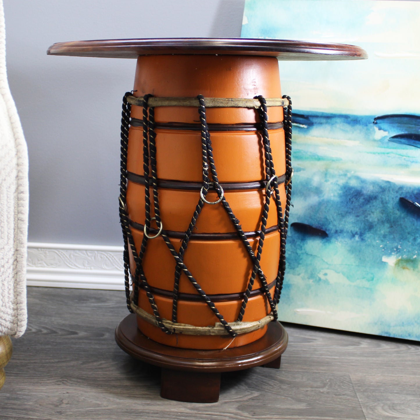 Natural Geo Orange Floral Rosewood 20" Drum Accent Table