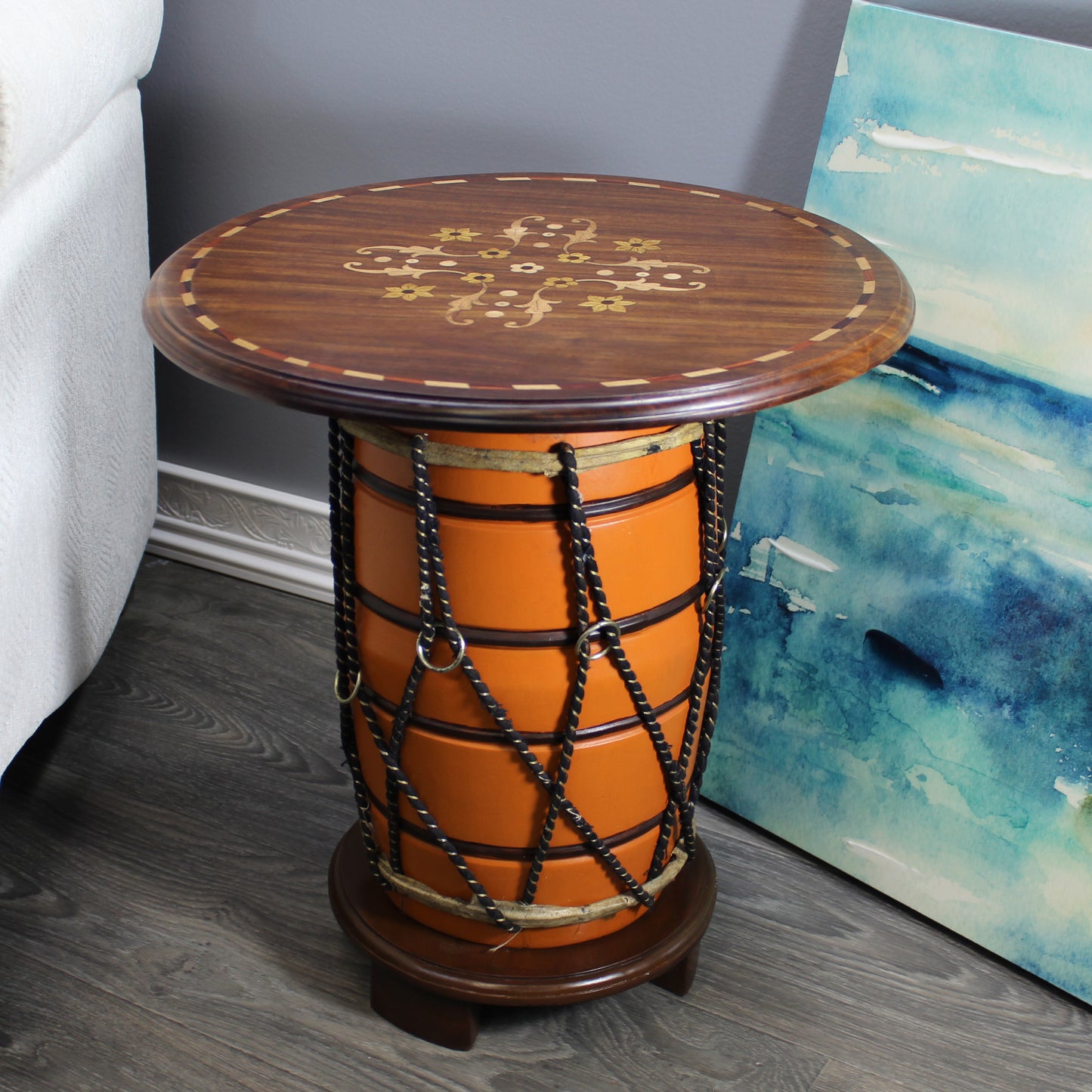 Natural Geo Orange Floral Rosewood 20" Drum Accent Table