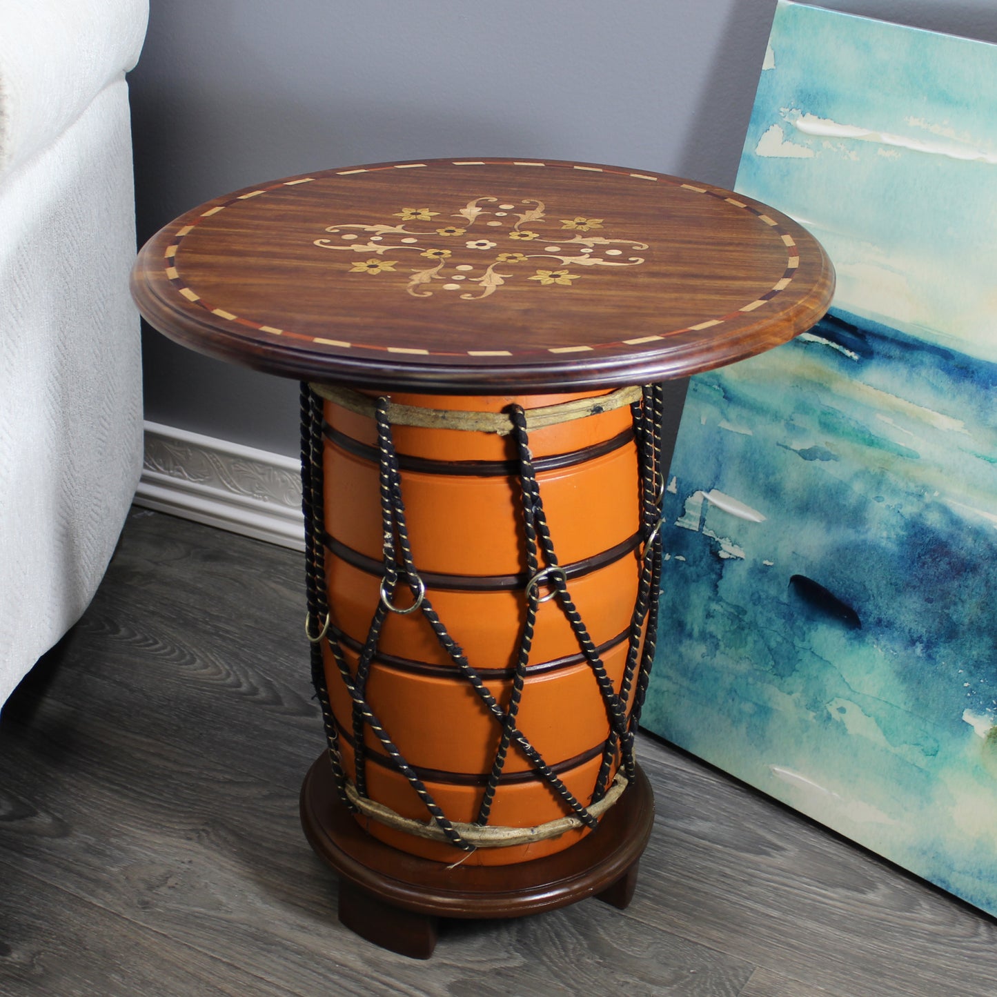 Natural Geo Orange Floral Rosewood 20" Drum Accent Table