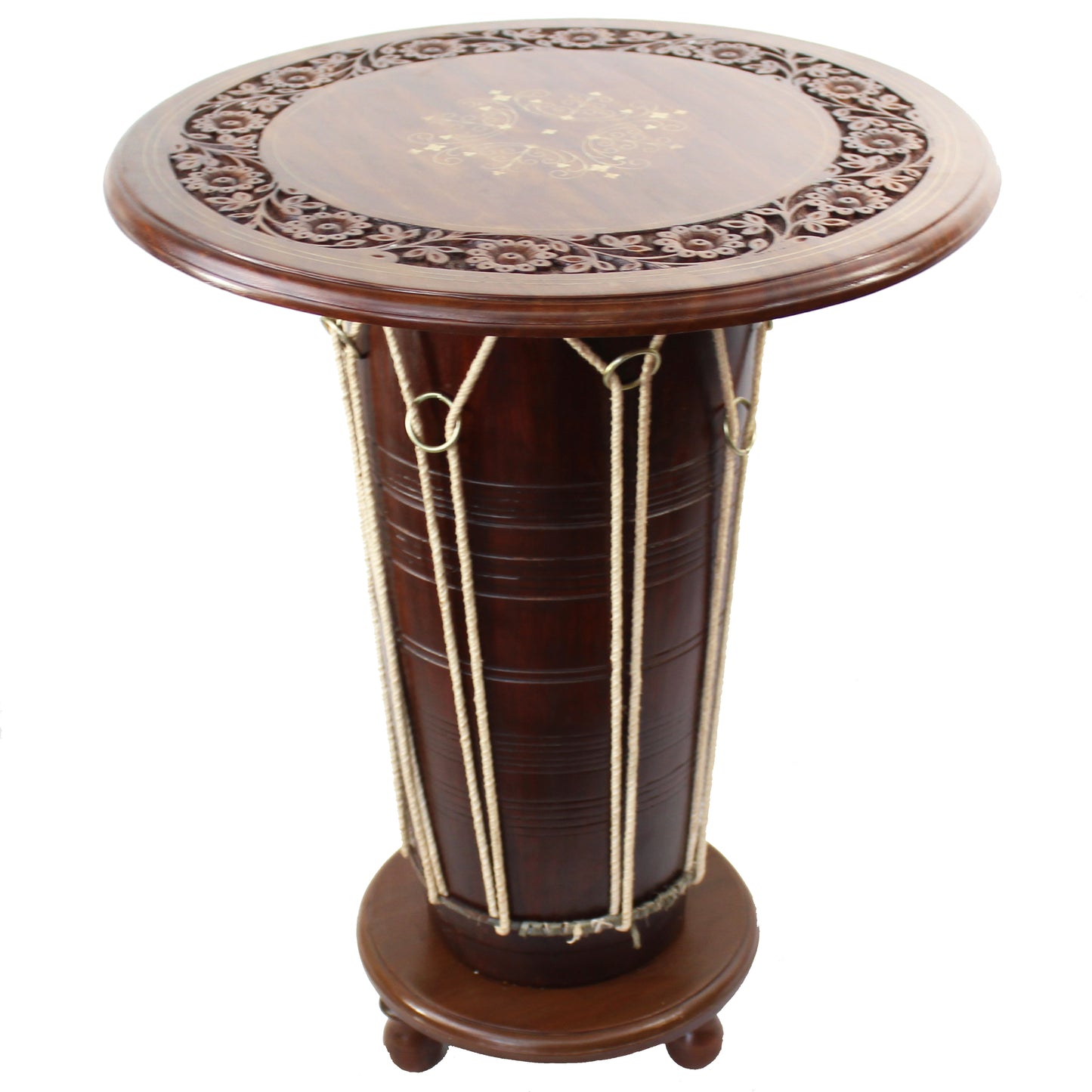 Natural Geo Handcarved Rosewood 23" Drum Table with Brass Inlay