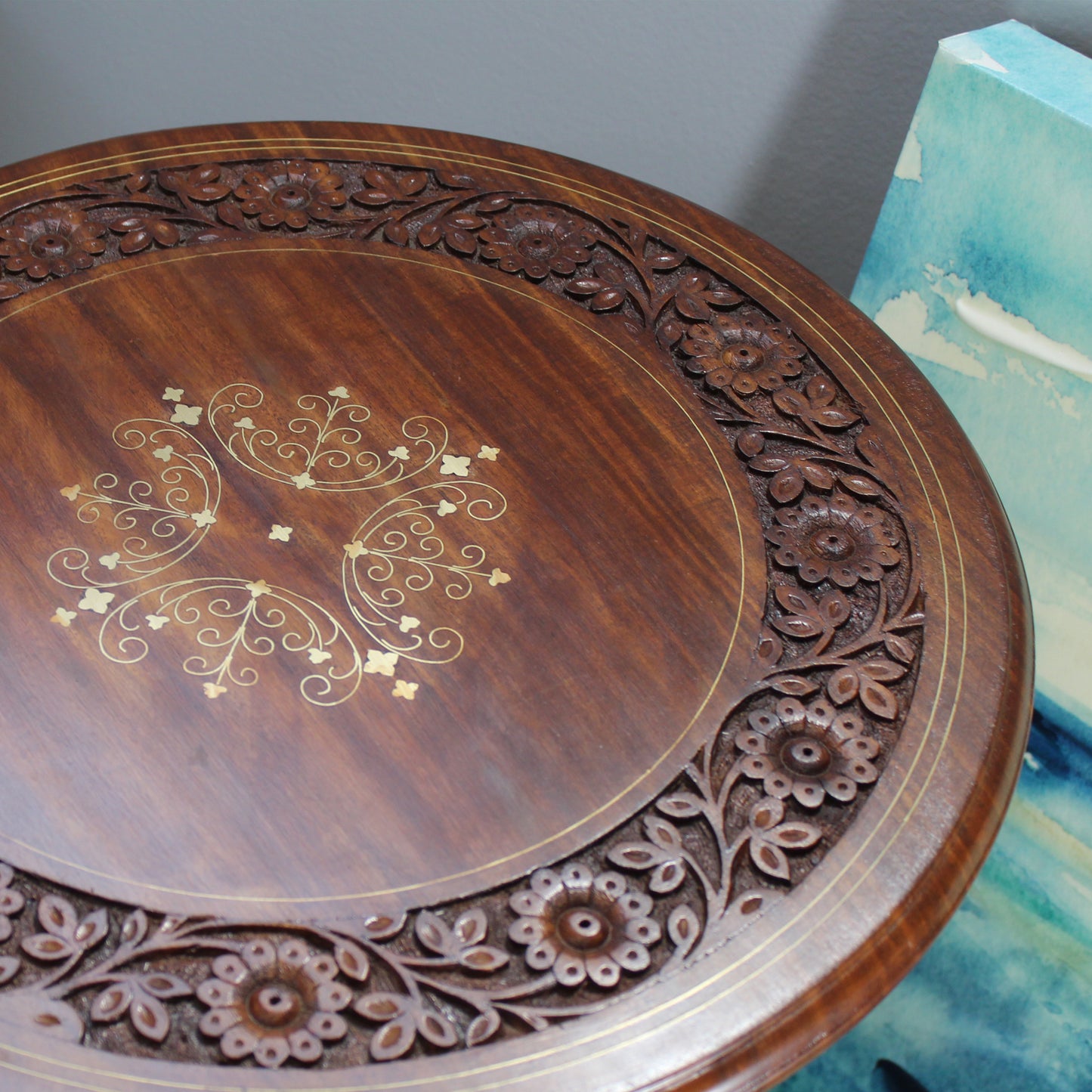 Natural Geo Handcarved Rosewood 23" Drum Table with Brass Inlay