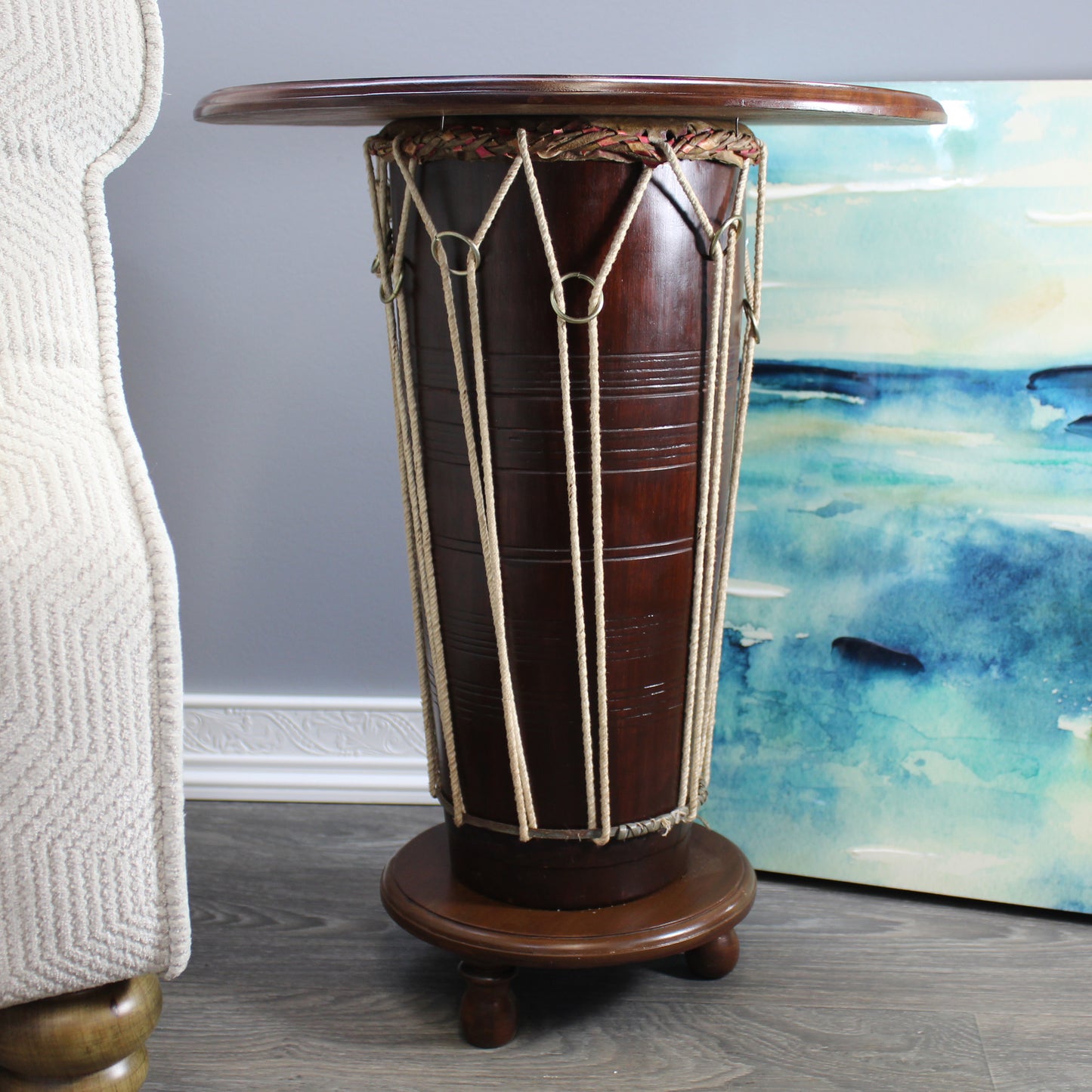 Natural Geo Handcarved Rosewood 23" Drum Table with Brass Inlay