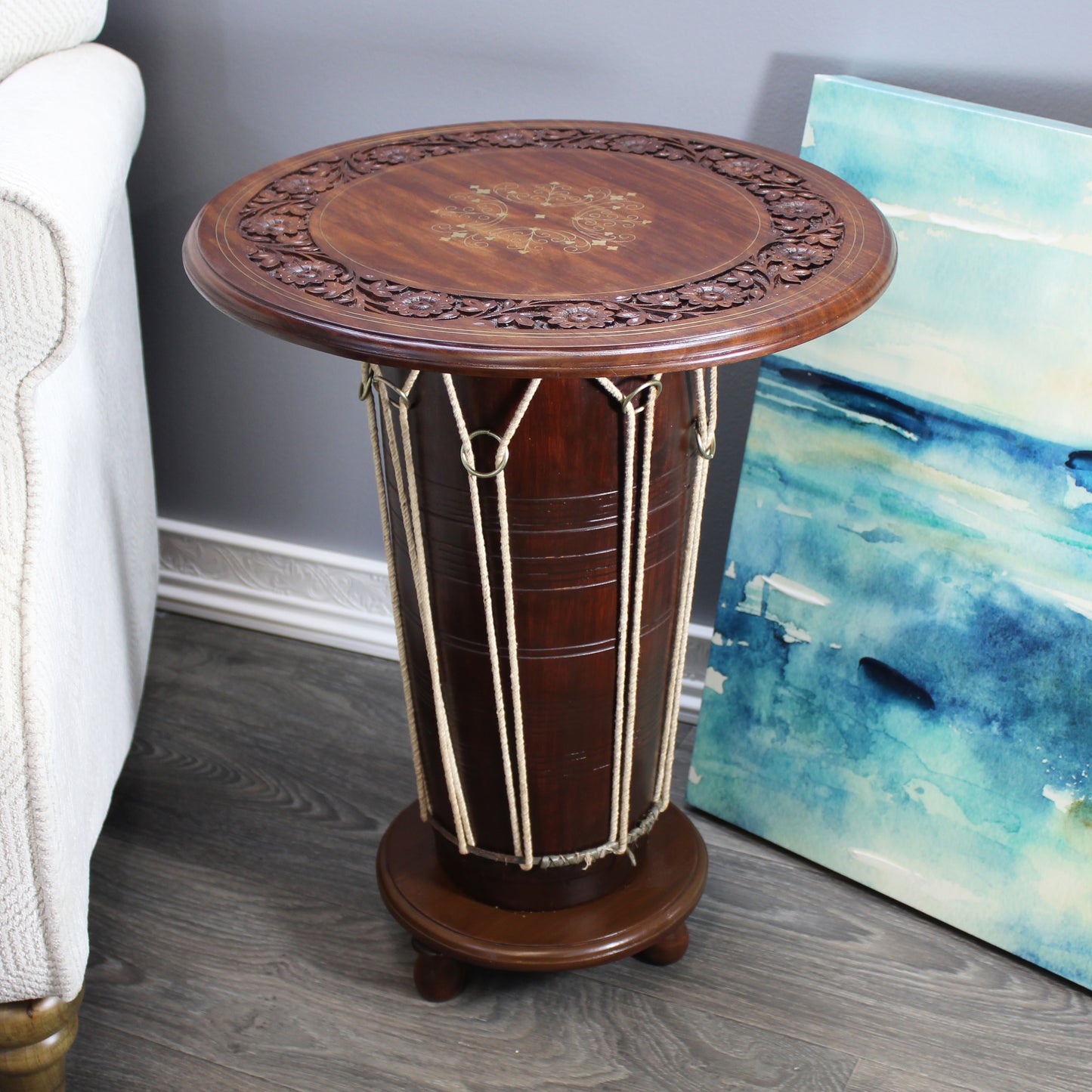 Natural Geo Handcarved Rosewood 23" Drum Table with Brass Inlay