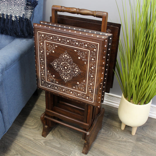 Natural Geo Decorative Rosewood Set of 4 Tray Tables with Stand - White Diamond