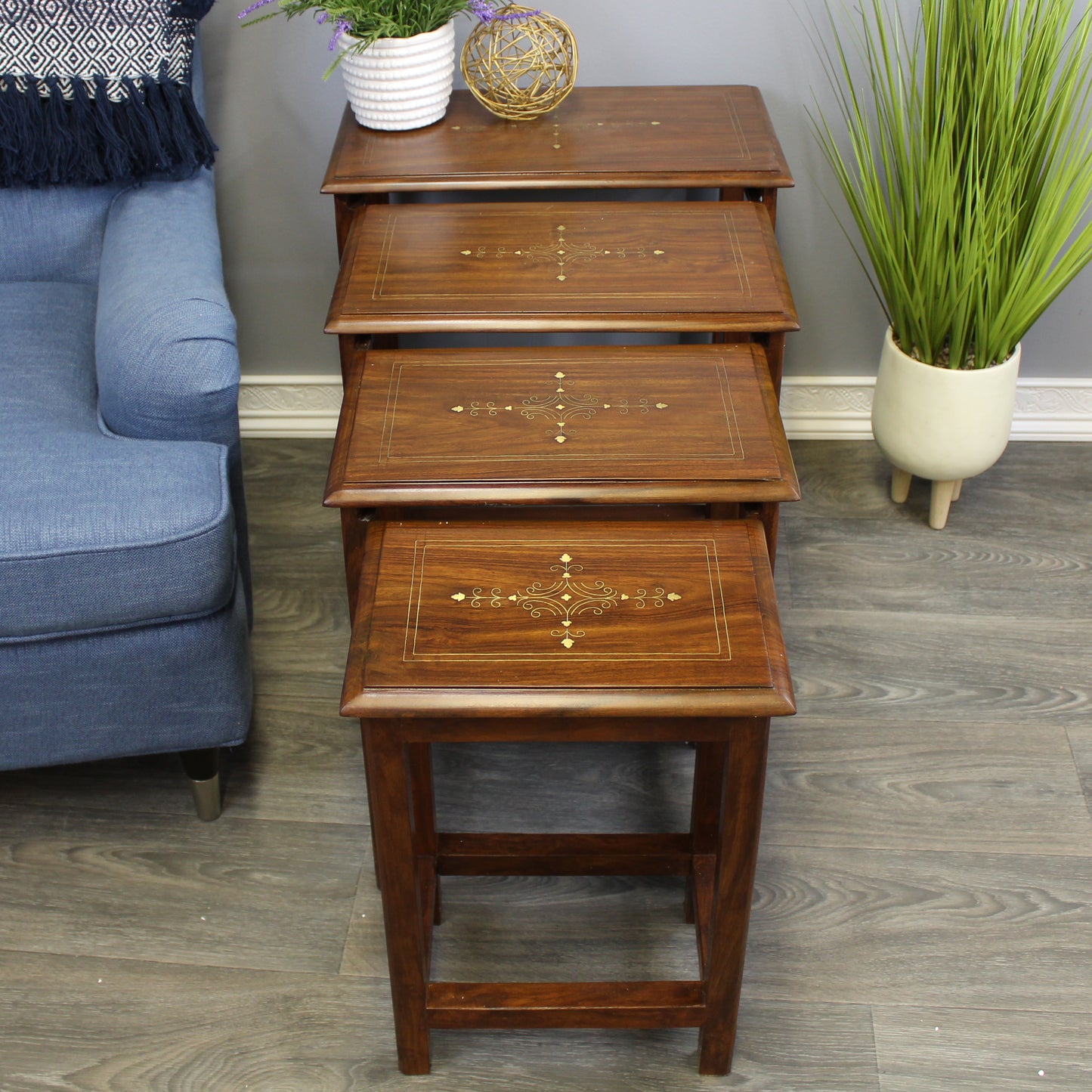 Natural Geo Decorative Rosewood Set of 4 Nesting Tables - Rectangular