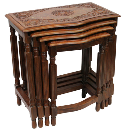 Natural Geo Decorative Rosewood Set of 4 Nesting Tables - Handcarved