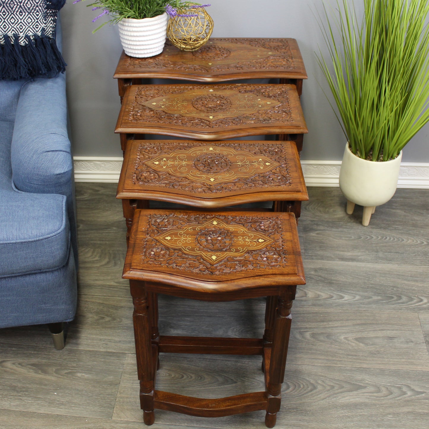 Natural Geo Decorative Rosewood Set of 4 Nesting Tables - Handcarved