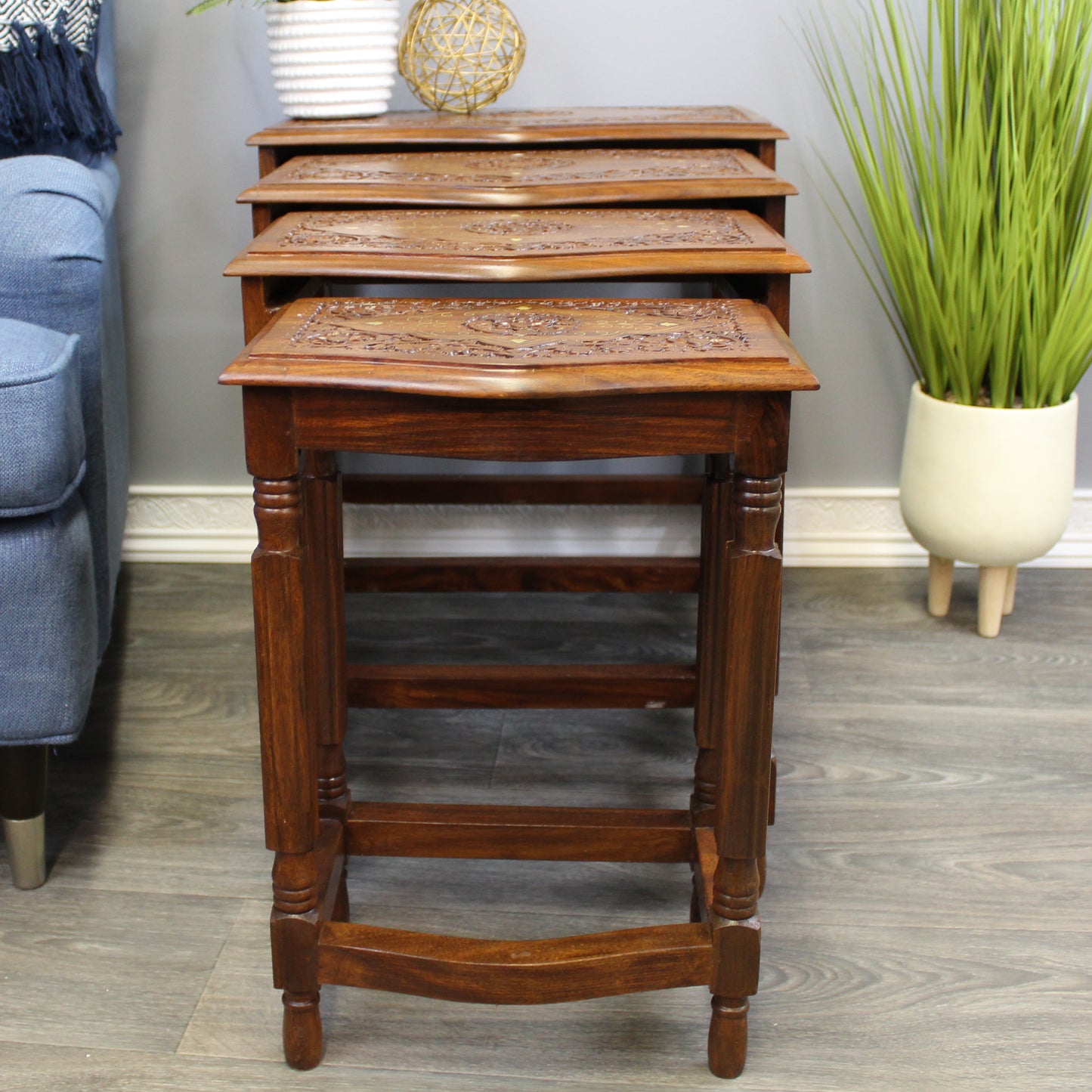 Natural Geo Decorative Rosewood Set of 4 Nesting Tables - Handcarved