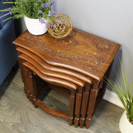 Natural Geo Decorative Rosewood Set of 4 Nesting Tables - Handcarved