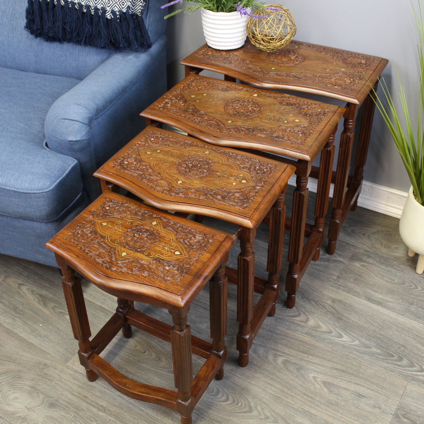 Natural Geo Decorative Rosewood Set of 4 Nesting Tables - Handcarved