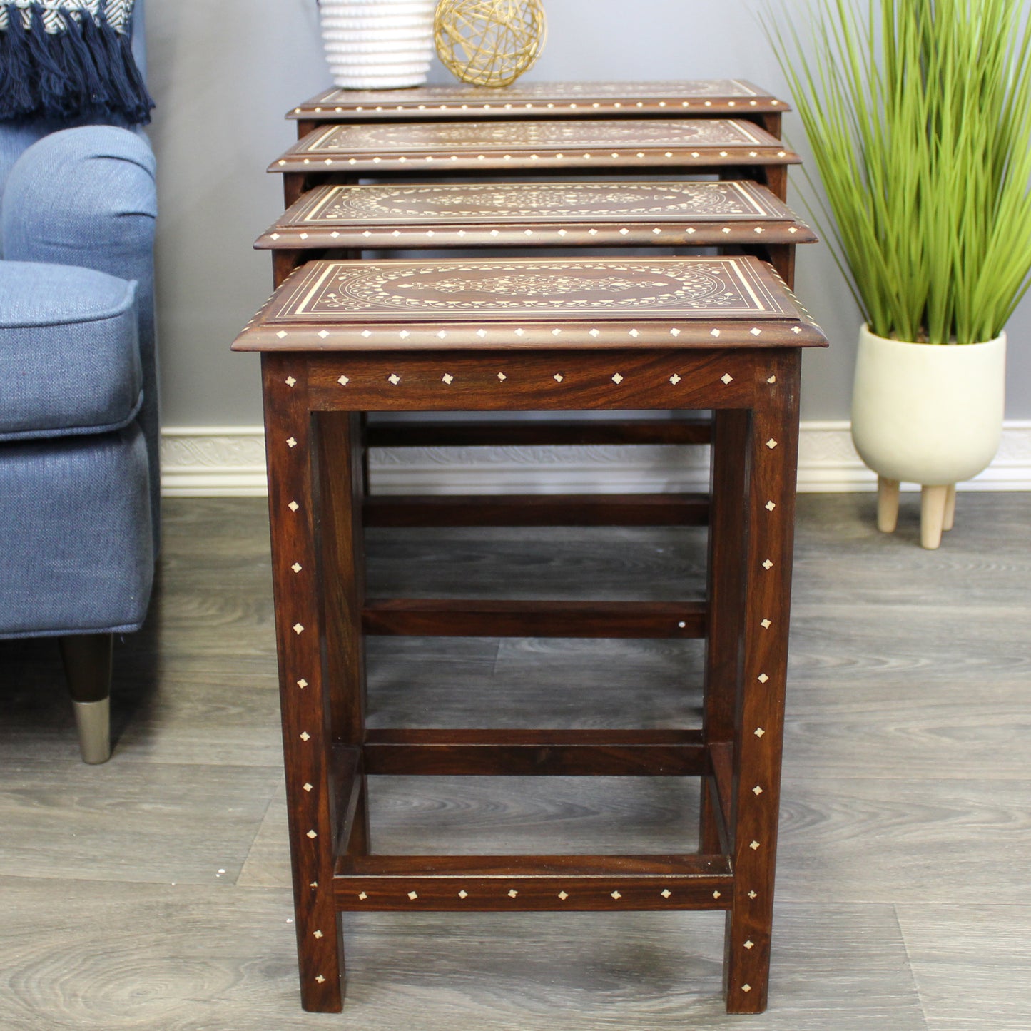 Natural Geo Decorative Rosewood Set of 4 Nesting Tables - White Oval