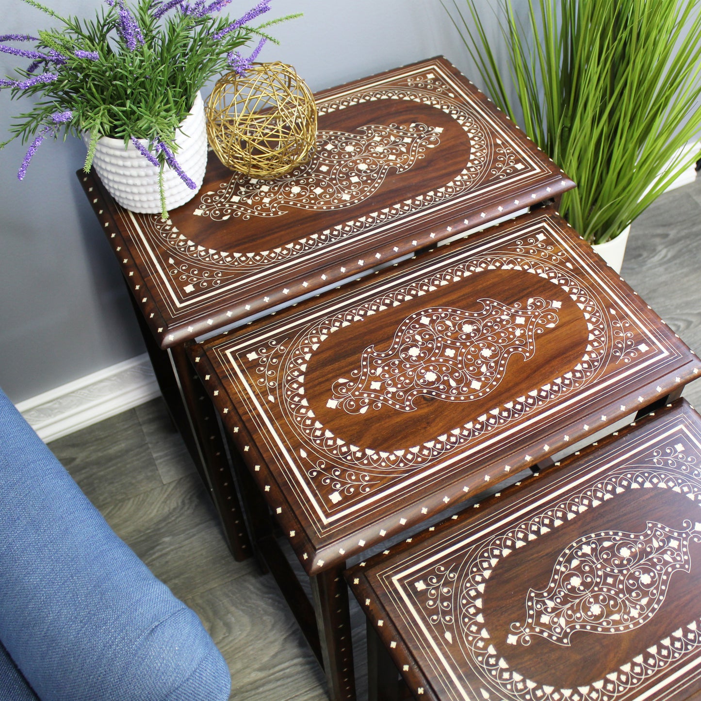 Natural Geo Decorative Rosewood Set of 4 Nesting Tables - White Oval