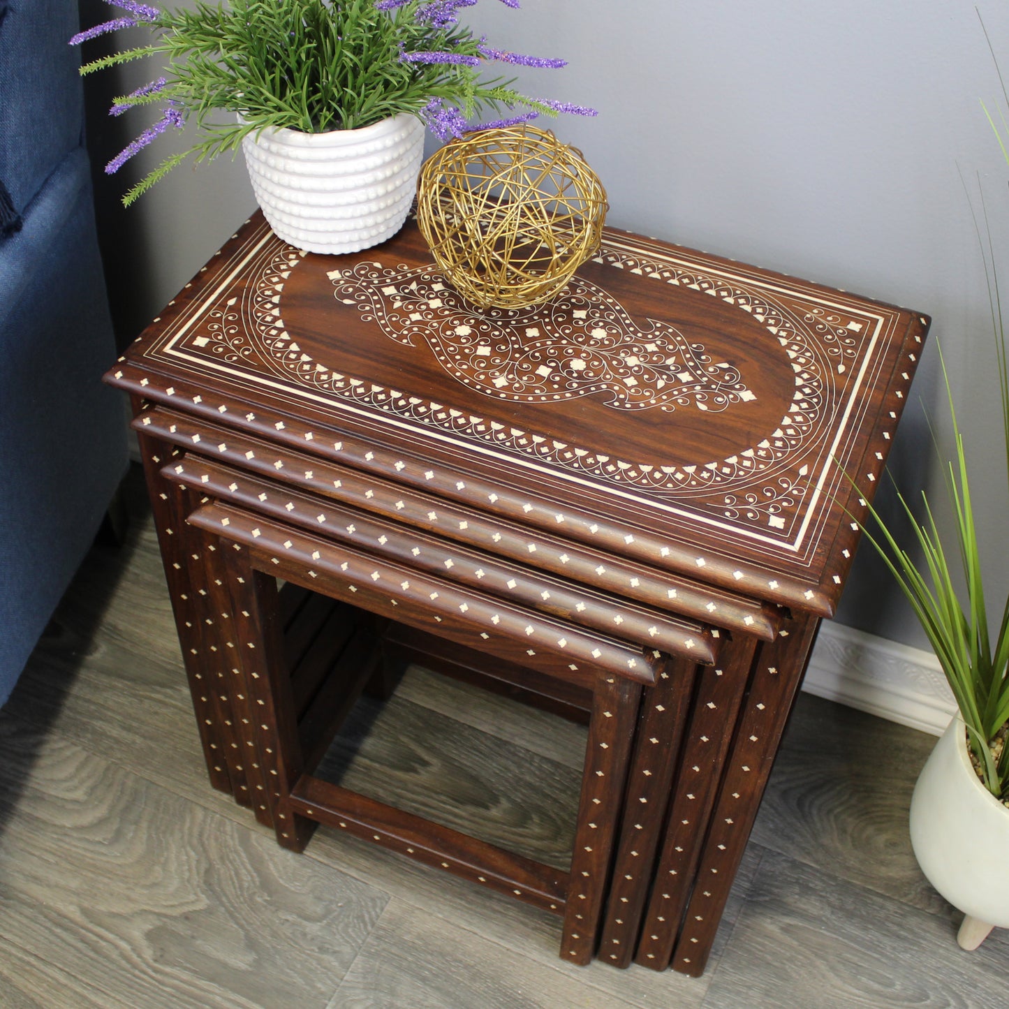 Natural Geo Decorative Rosewood Set of 4 Nesting Tables - White Oval