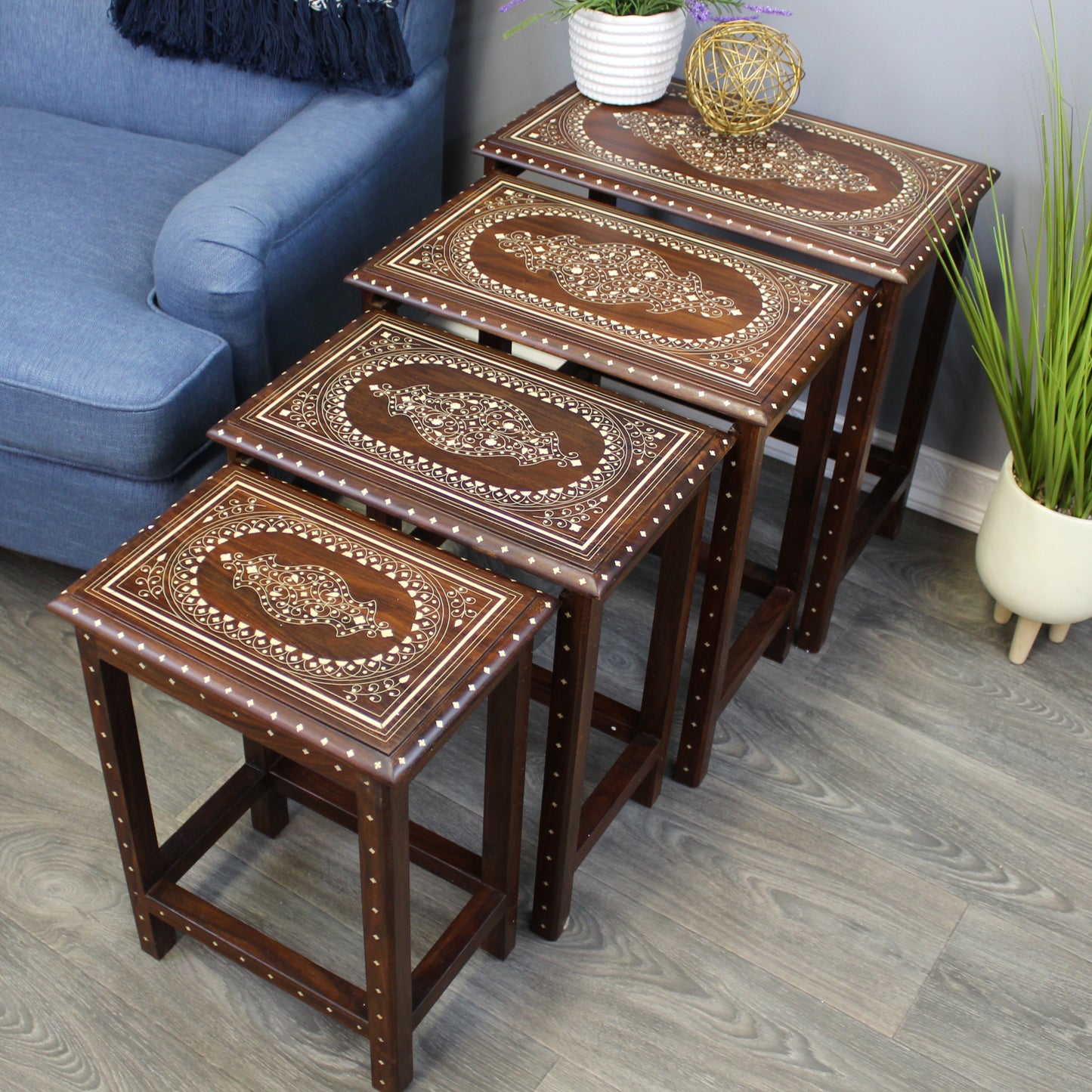 Natural Geo Decorative Rosewood Set of 4 Nesting Tables - White Oval