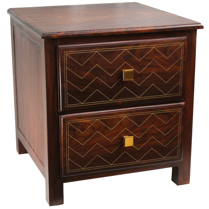 Natural Geo Rosewood Square Wooden End Table - Chevron Golden Brass Inlay