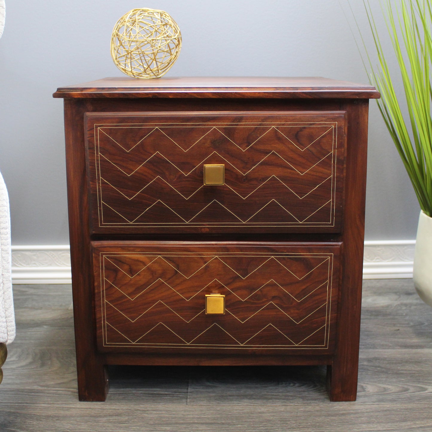 Natural Geo Rosewood Square Wooden End Table - Chevron Golden Brass Inlay