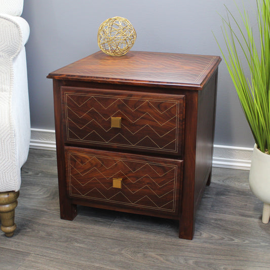 Natural Geo Rosewood Square Wooden End Table - Chevron Golden Brass Inlay