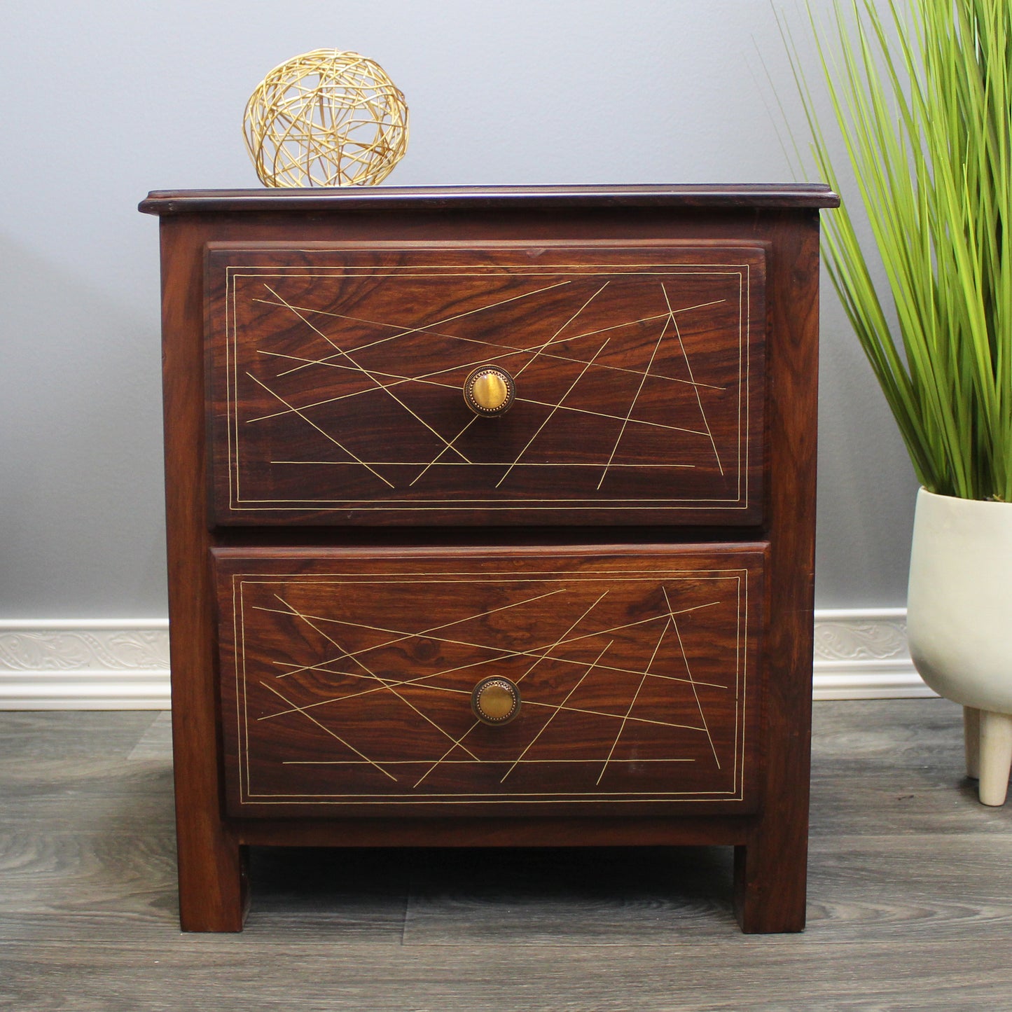 Natural Geo Rosewood Square Wooden End Table - Abstract Golden Brass Inlay