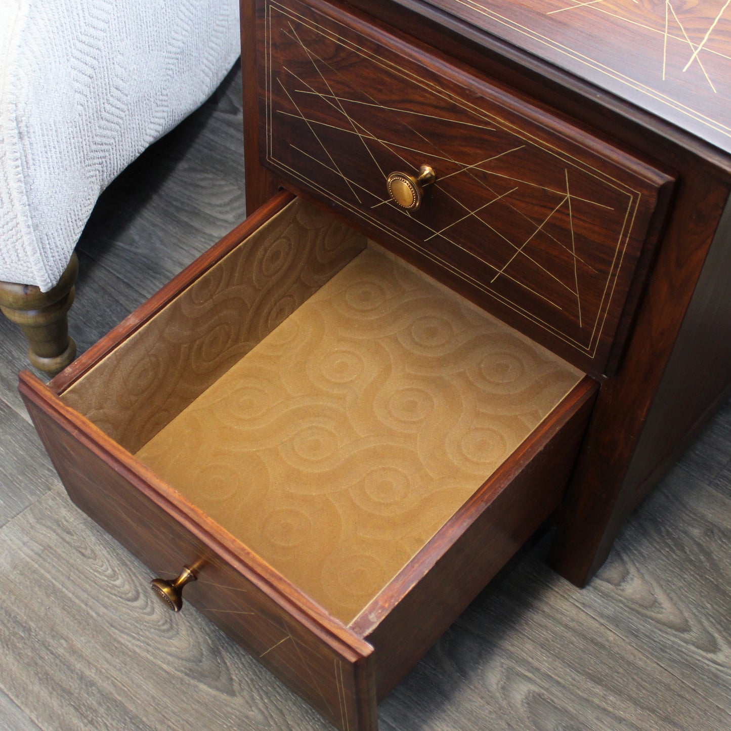 Natural Geo Rosewood Square Wooden End Table - Abstract Golden Brass Inlay