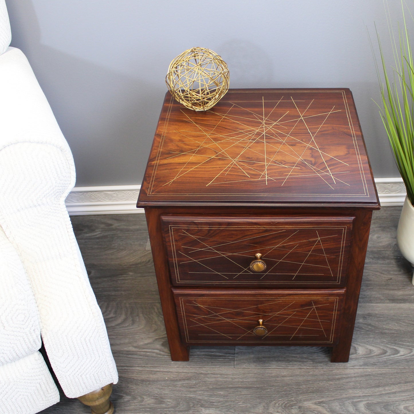 Natural Geo Rosewood Square Wooden End Table - Abstract Golden Brass Inlay