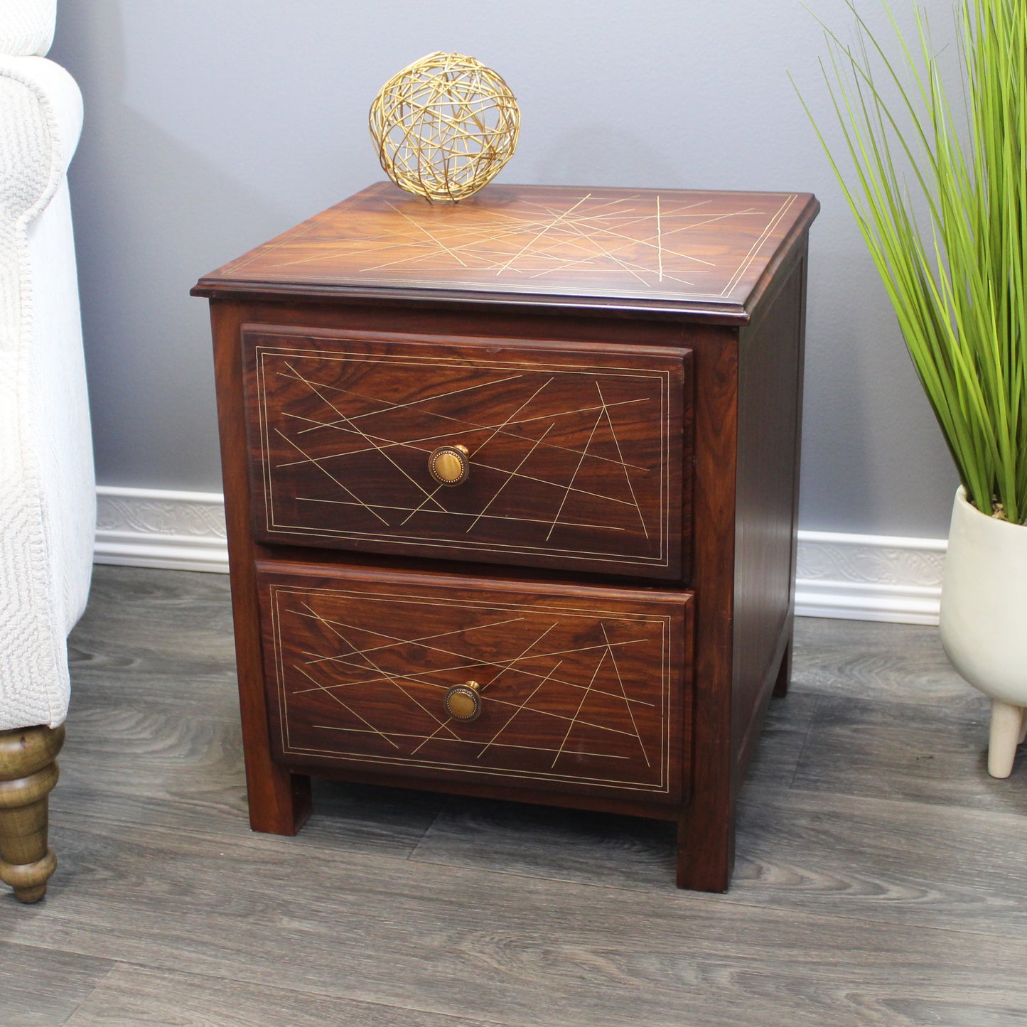 Natural Geo Rosewood Square Wooden End Table - Abstract Golden Brass Inlay