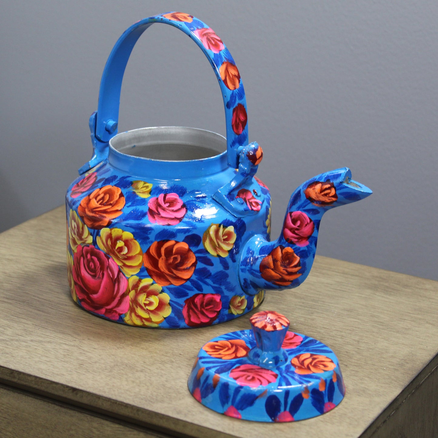 Natural Geo Blue Floral 9" Decorative Steel Kettle