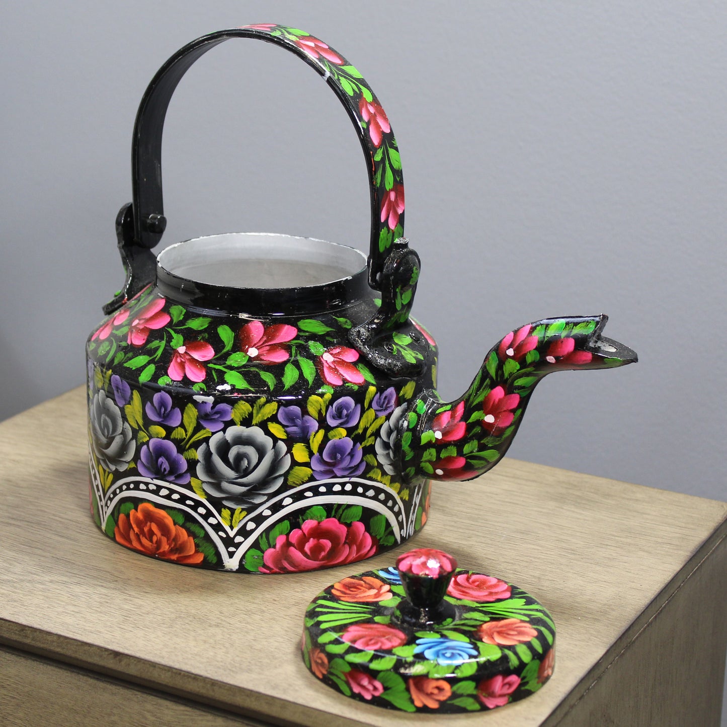 Natural Geo Black Floral 10" Decorative Steel Kettle