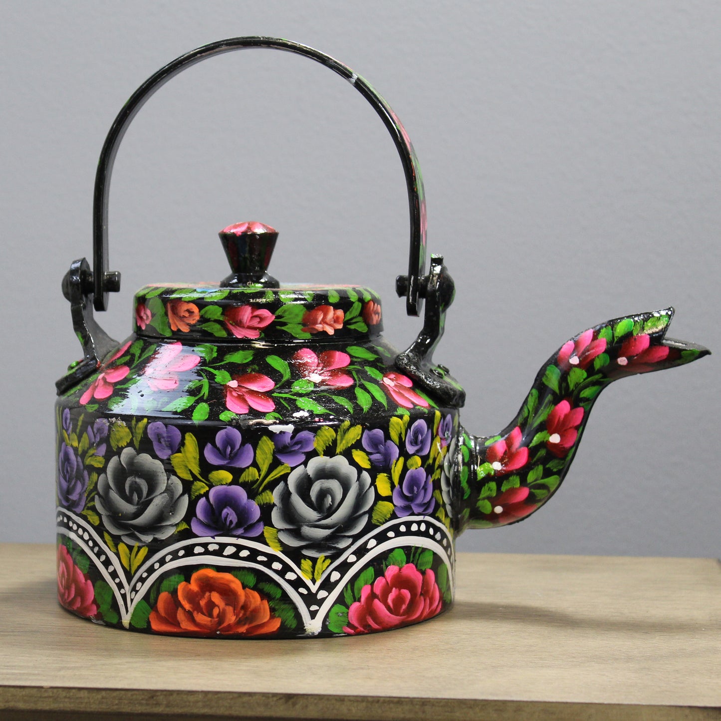 Natural Geo Black Floral 10" Decorative Steel Kettle