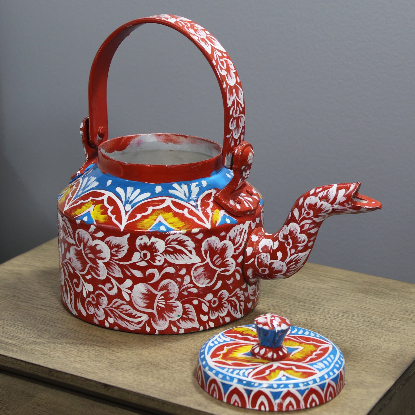 Natural Geo Red Floral 10" Decorative Steel Kettle