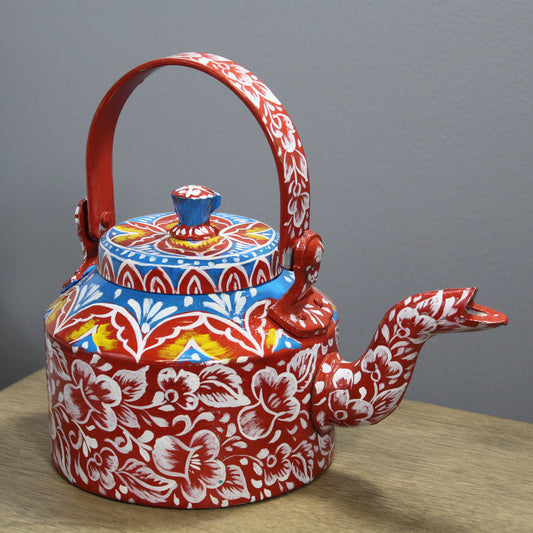 Natural Geo Red Floral 10" Decorative Steel Kettle