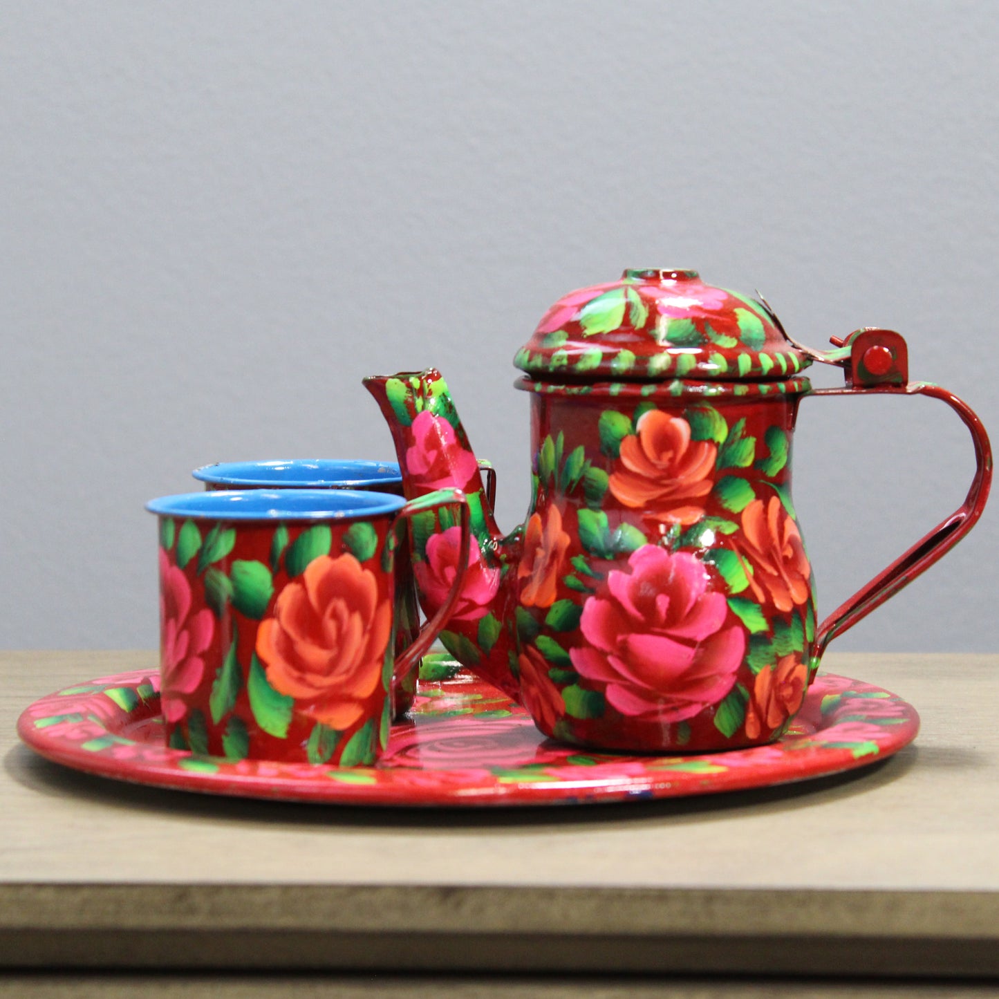 Natural Geo Red Floral 4 Piece Decorative Steel Tea Set