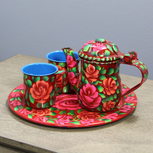 Natural Geo Red Floral 4 Piece Decorative Steel Tea Set