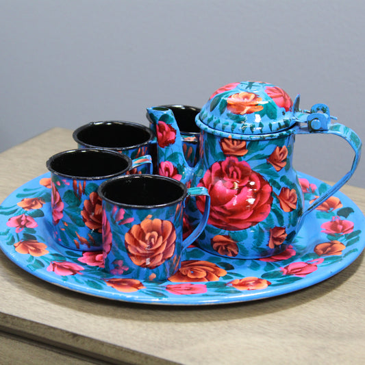 Natural Geo Light Blue Floral 6 Piece Decorative Steel Tea Set