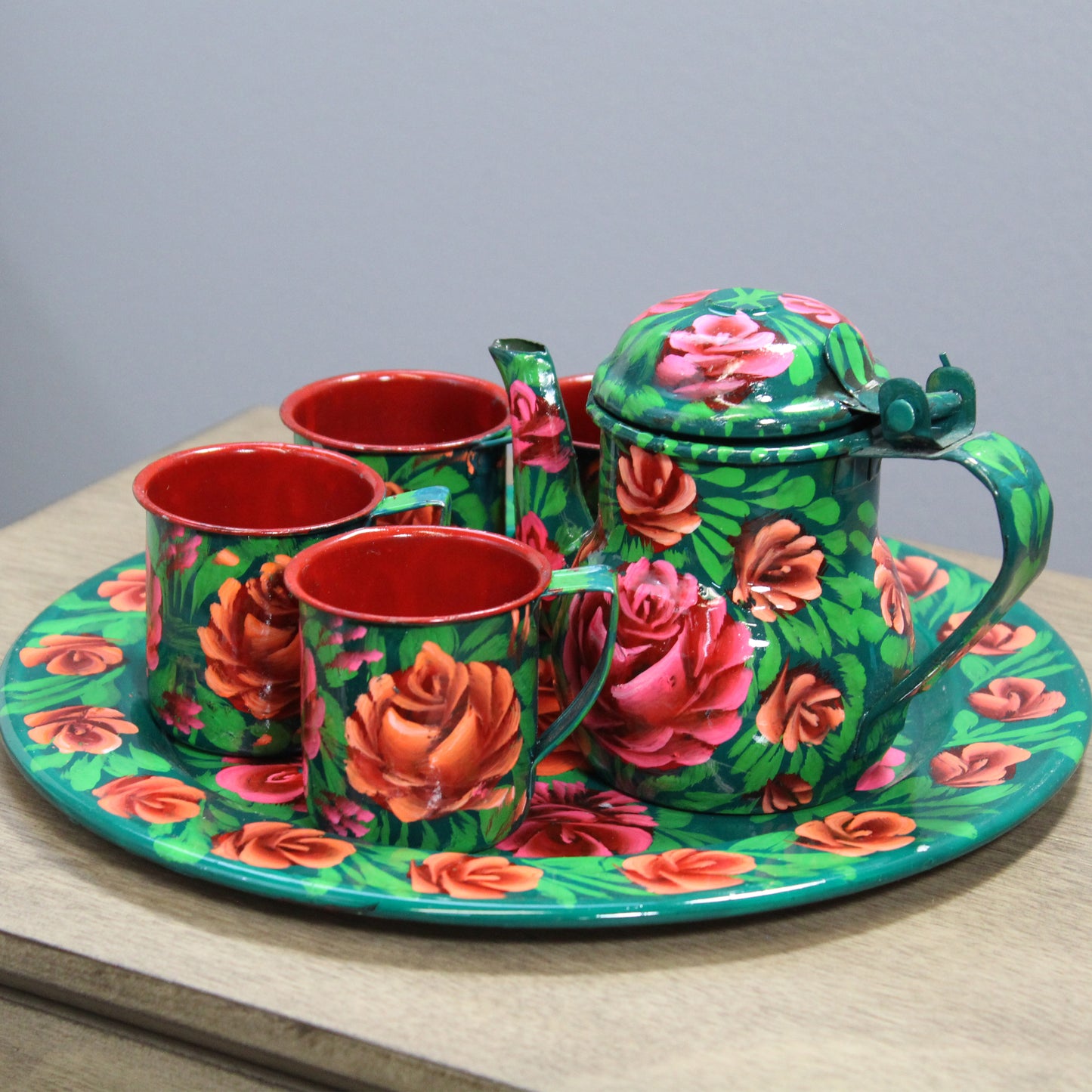 Natural Geo Green Floral 6 Piece Decorative Steel Tea Set