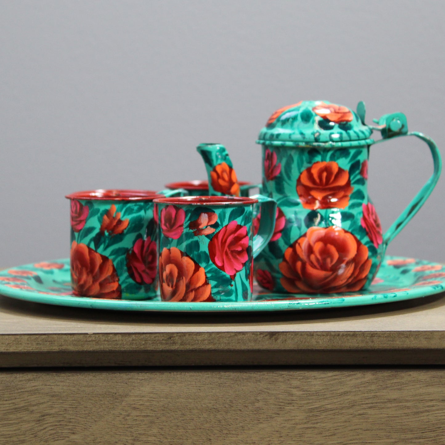 Natural Geo Turquoise Floral 6 Piece Decorative Steel Tea Set