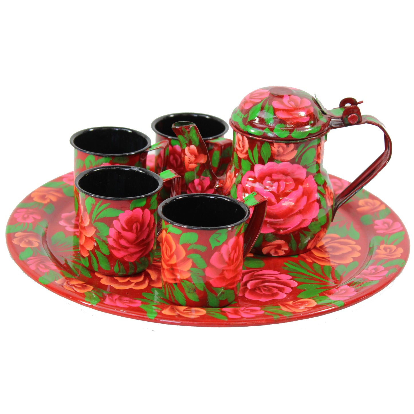 Natural Geo Red Floral 6 Piece Decorative Steel Tea Set