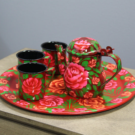 Natural Geo Red Floral 6 Piece Decorative Steel Tea Set