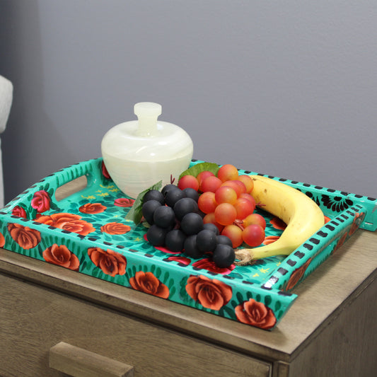 Natural Geo Turquoise Floral Rosewood Serving Tray