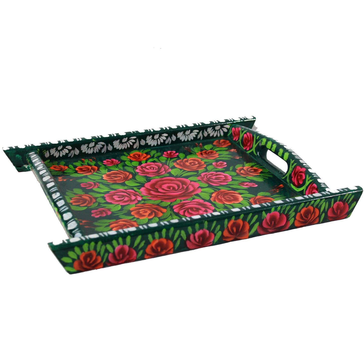 Natural Geo Green Floral Rosewood Serving Tray